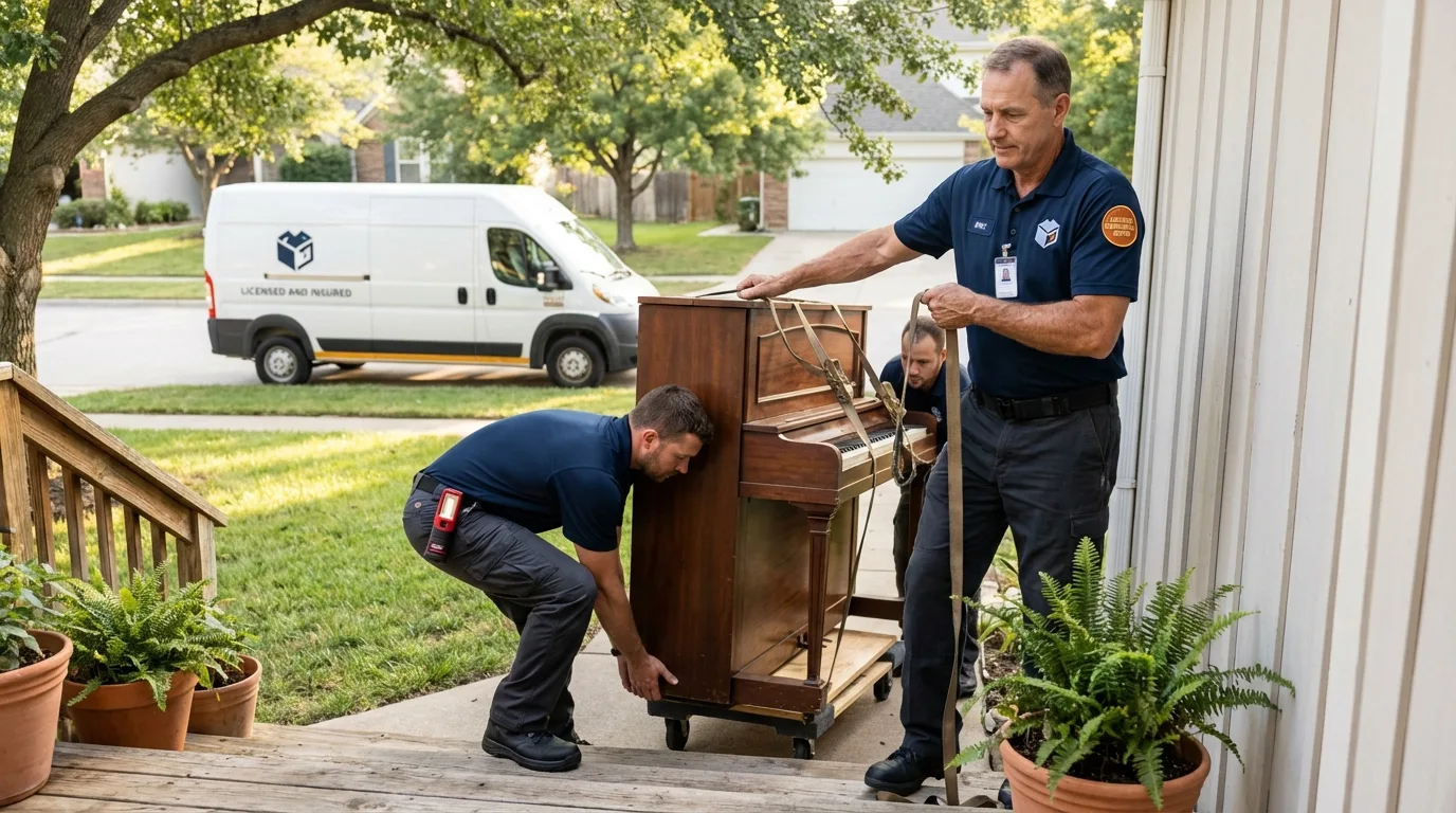 Licensed piano movers securing grand piano in Bowling Green, KY