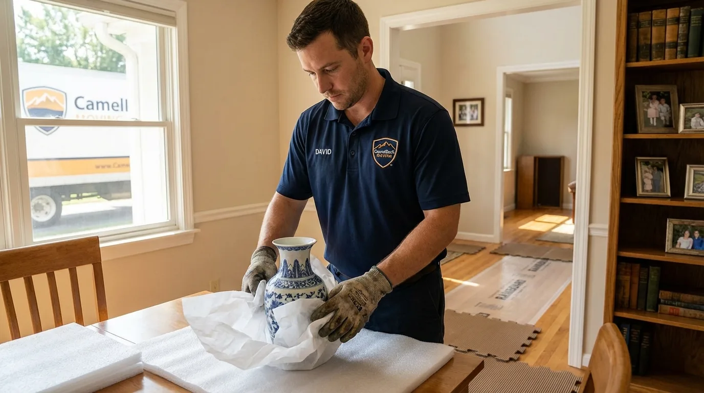 Professional crew carefully wrapping antique vase for senior downsizing move in Bowling Green, KY